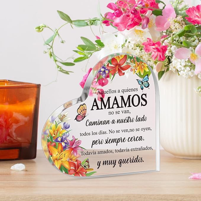 Yopyame Spanish Sympathy Bereavement Gifts - Acrylic Heart Memorial Gift for Loss of Loved One Bereavement Condolences Grief Acrylic Keepsake Paperweight for Family Friend Remembrance Table Decor