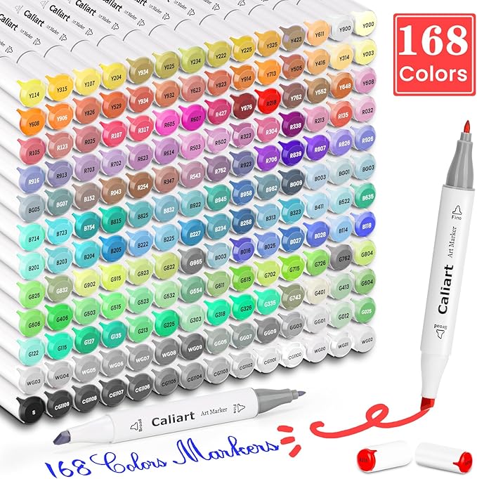 Caliart Art Markers 168 Colors Dual Tip Sketch Pens, Easter Basket Stuffers for Kids Teens Toddler, Permanent Alcohol Based Markers for Adult Book Eggs Decorations Gift Drawing Supplies Kit
