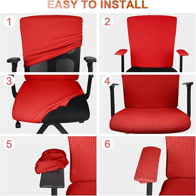 Tallew 4 Pcs Office Chair Covers Set Computer Universal Protective Stretchable Chair Seat Covers Desk Armrest Slipcovers Pads Office Cushion Backrest for Rotating (Red)
