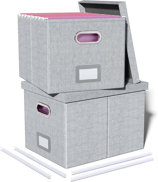 Oterri 2 Pack File Storage Organizer, Filing Box, Portable File Box with Lid, Fit for Letter/Legal File Folder Storage, Document Organizer, Gray-White