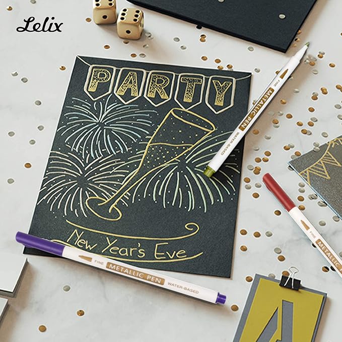 Lelix 24 Colors Metallic Marker Pens, Fine Tip Paint Pens for DIY Photo Album, Black Paper, Card Making, Rock Art Painting, Scrapbooking, Glass, Metal, Wood