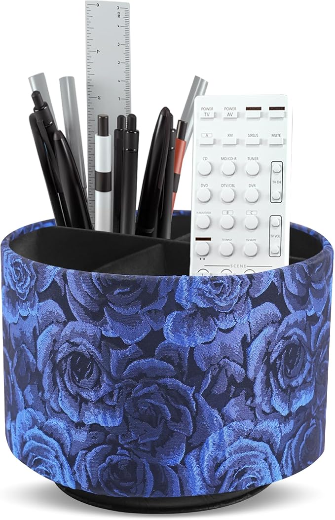 QIELIZI Round Leather Art Supply Organizer,Remote Control Holder,360 Degree Rotating,Multi-Functional Pencil Holder,4 Compartments Desktop Stationary Organizer(1-3D Rose Blue)