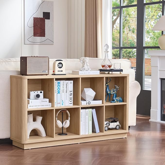 8 Cube Storage Book Shelf, 52" Long Horizontal Bookshelf with Curved Edge, Floor Standing Wooden Cubby Bookcase with Base, Modern Low Console Book Case, TV Stand for Living Room, Natural Oak