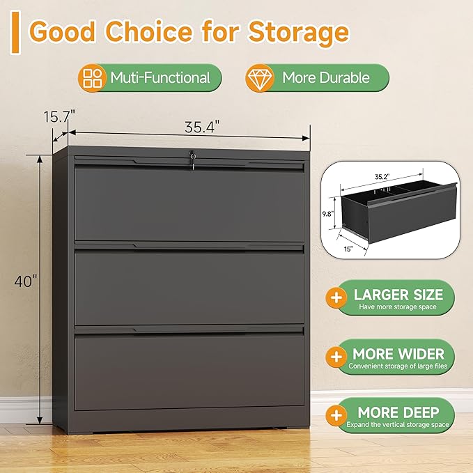 3 Drawer Lateral File Cabinets with Lock,Metal Filing Cabinet for Home Office,Wide Office Storage Cabinet with Hanging Bars for A4 Legal/Letter Size(Easy Assembly)