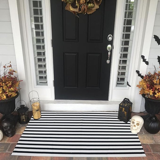 Black and White Striped Outdoor Rug Halloween Door Mat 27.5" x 43" Front Porch Rug Farmhouse Fall Layered Door Welcome Mat for Entryway/Home Entrance/Laundry Room