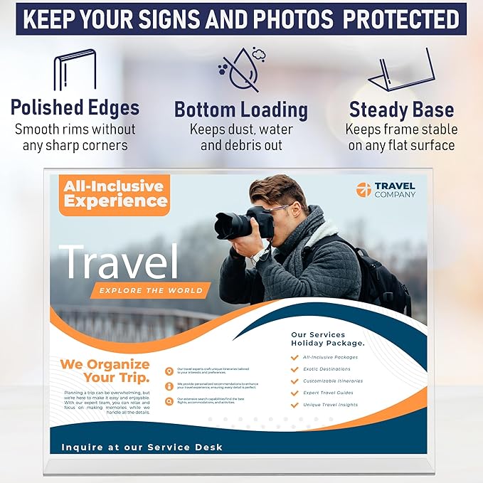 Slant Back Acrylic Sign Holder 11 x 8.5 Inches, 3-Pack Landscape Ad Frame, Flyer Display Stand. Menu and Table Sign Holder for Home, Office, Store, or Restaurant. Acrylic Stands for Paper and Signage