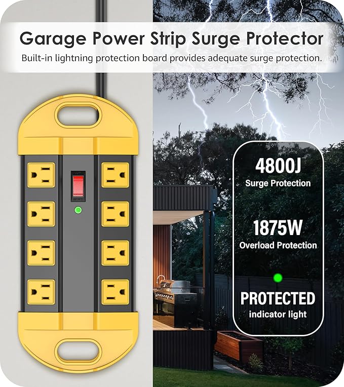 CCCEI Heavy Duty Power Strip Surge Protector, Metal 8 Outlets Power Strip for Appliance. Garage Shop Industrial Workbench 15 AMP Outlets Strip. 6FT Extension Cord. Set