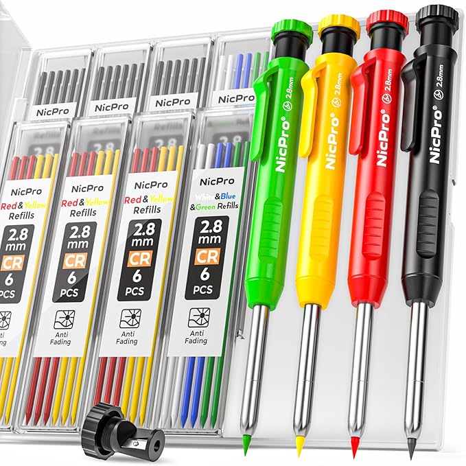 Nicpro 4 Pack Carpenter Pencil with Sharpener, Mechanical Carpenter Pencils with 52 Refills, Construction Pencil Heavy Duty Woodworking Pencils for Architect (Red, Black, Yellow, Blue)