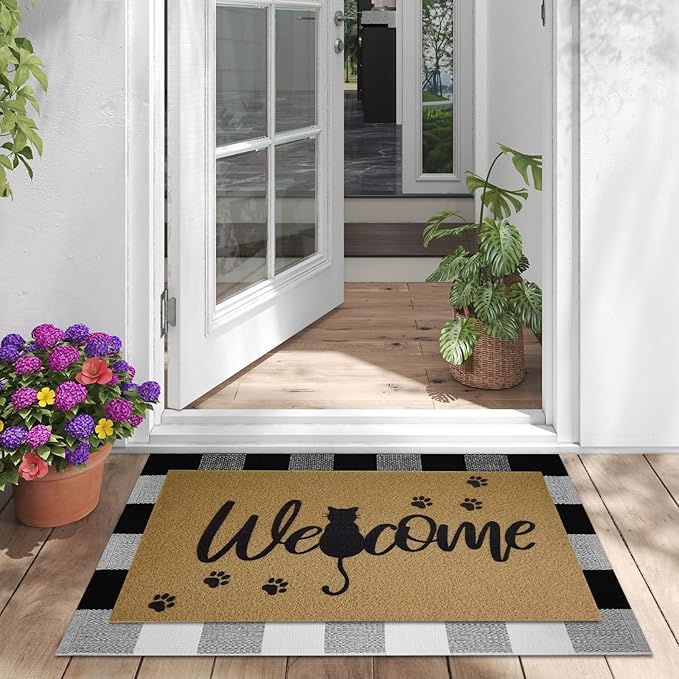 2 Pcs Halloween Welcome Door Mat 30 x 17 Inch Black Cat Coir Doormats for Front Door Cat Paw Door Mat Non Slip 2-in-1 Buffalo Plaid Rug for Outside Entrance Porch Home Patio Decor