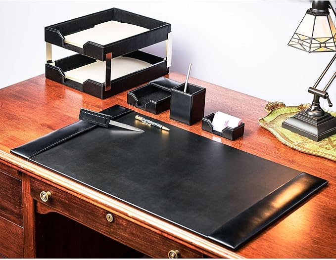 Dacasso Black Bonded Leather 8-Piece Desk Accessory Set - Organization Essentials & Executive Decor - Luxury Leather Blotter for Office Organization