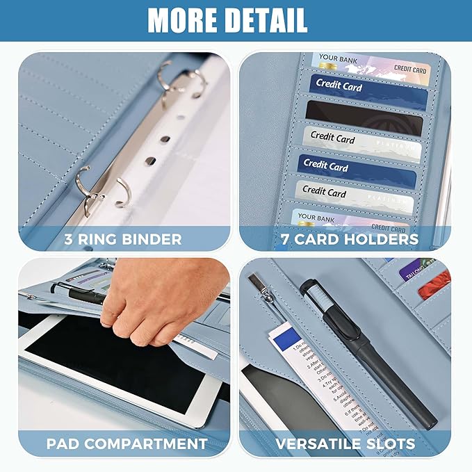 Padfolio Portfolio Folder Binder-Organizer Planner Notebook Zippered Portfolio Padfolio for Women & Men with Document Sleeve,Letter/A4 Size Clipboard,Business Card Holders (Grey Green)