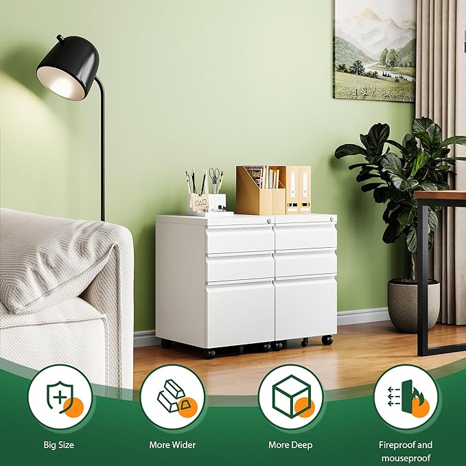 Letaya 3 Drawer Mobile File Cabinet with Lock, Under Desk Metal Filing Cabinets for Home Office Organizer Letters/Legal/A4(Fully Assembled-White)