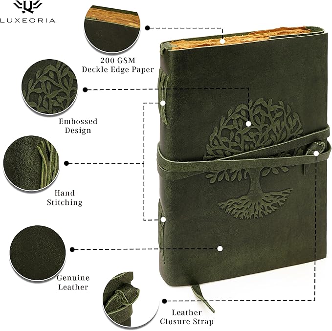 LUXEORIA Tree Of Life Leather Journal for Women and Men, Handcrafted Leather Journal for Writing Womens, Sketchbook, Travel Diary with Unlined Deckle Paper, Dark Green 7x10