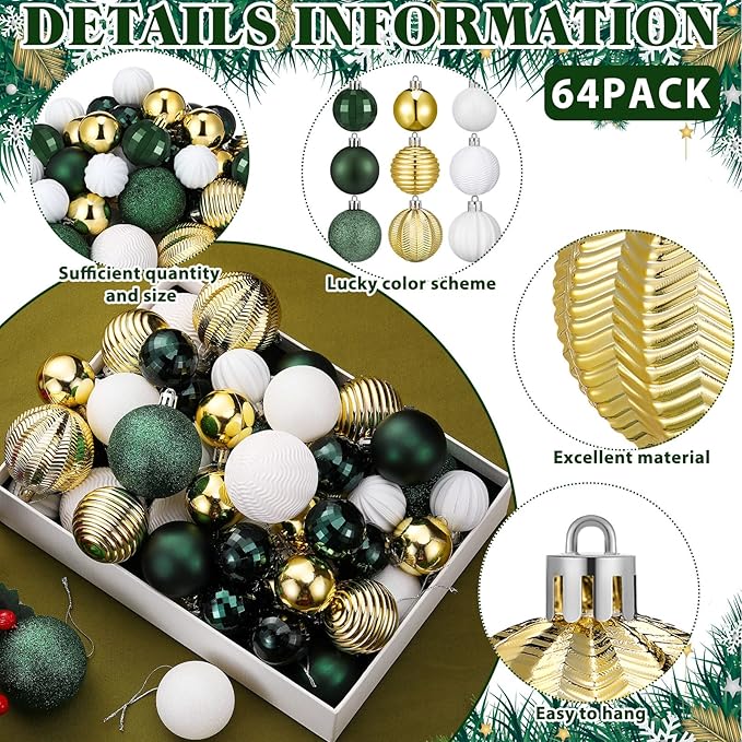 64 Pcs Christmas Ball Ornaments Bulk Emerald Green Gold White Christmas Tree Decorations 1.6/1.97/2.4 Inch Shatterproof Glitter Xmas Baubles Assorted Xmas Bulbs Ornaments for Tree Home Decor