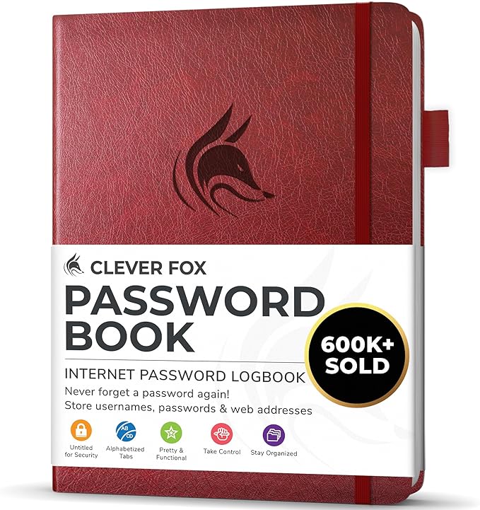 Clever Fox Password Book with alphabetical tabs. Internet Address Organizer Logbook. Small Pocket Password Keeper for Website Logins (Wine Red)