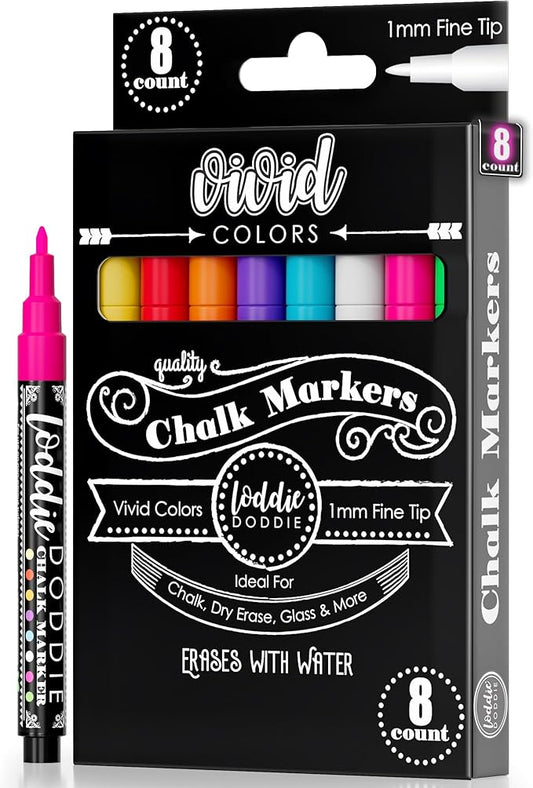 Loddie Doddie Fine Tip Liquid Chalk Markers - Pack of 8 1mm Neon Colors - Erasable Low-Odor Dry Erase Chalk Markers for Chalkboard, Blackboard & Glass