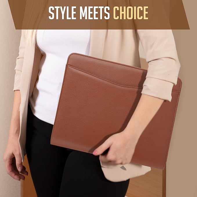 STYLIO Zipper Padfolio Portfolio Binder Organizer (Tan Color) | Faux Leather Portfolio for Resume, Documents, Phone, Tablet, Business Supplies and Cards | Letter Sized Notepad Included | Brown