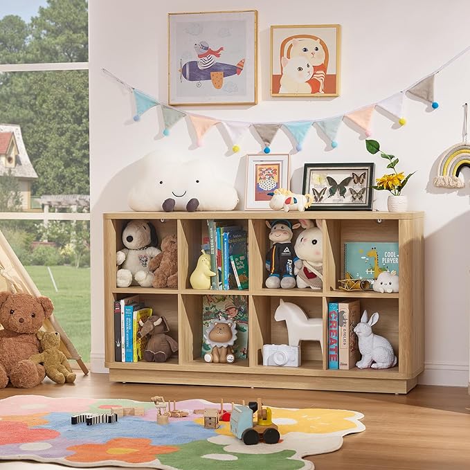 8 Cube Storage Book Shelf, 52" Long Horizontal Bookshelf with Curved Edge, Floor Standing Wooden Cubby Bookcase with Base, Modern Low Console Book Case, TV Stand for Living Room, Natural Oak