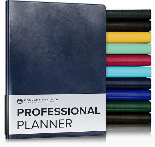Gallery Leather Professional Weekly Monthly Planner 2026, Elegantly Bound Calendar Planner and Notebook with Stylish Gold-Gilded Page Edges, 12 Months - Acadia Navy - 9 x 7 "