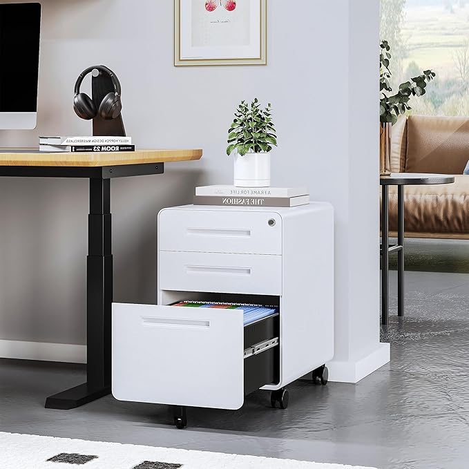 STANI 3 Drawer Filing Cabinet, Metal Filing Cabinet Legal/Letter Size with Lock, Mobile Storage Cabinet for Home and Office, Fully Assembled Except Wheels White