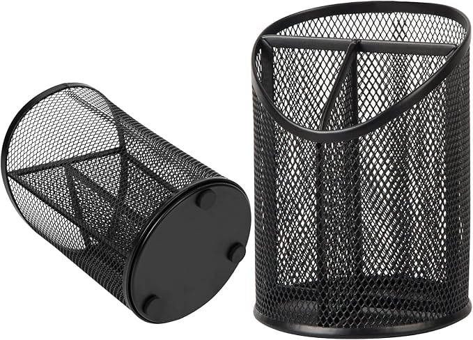 2 Pack Pen Holder Mesh Round Pencil Holder Desktop Organizer 3 Compartments, Black