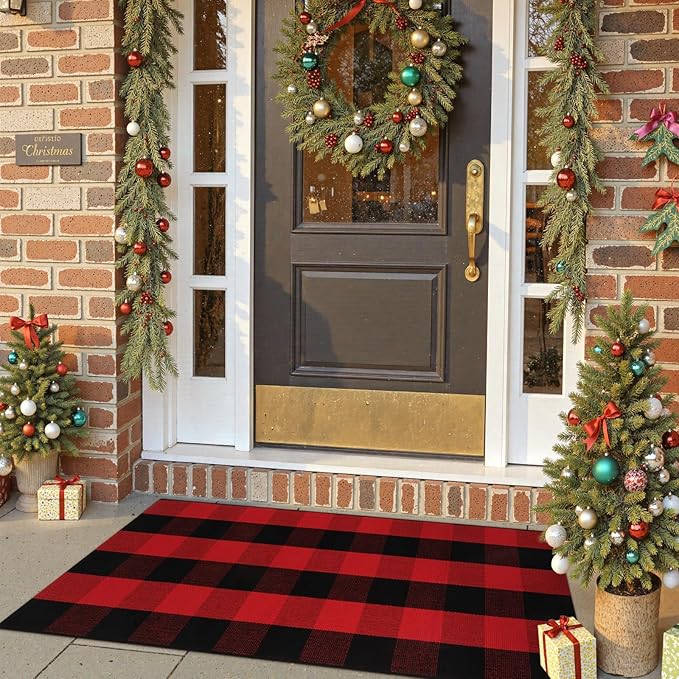 OJIA Christmas Front Door Mat 24"x51", Red Plaid Front Porch Rug Machine Washable Rugs for Kitchen Entryway Doormat Indoor Outdoor Layered Door Mats Farmhouse Throw Rug for Bathroom/Bedroom