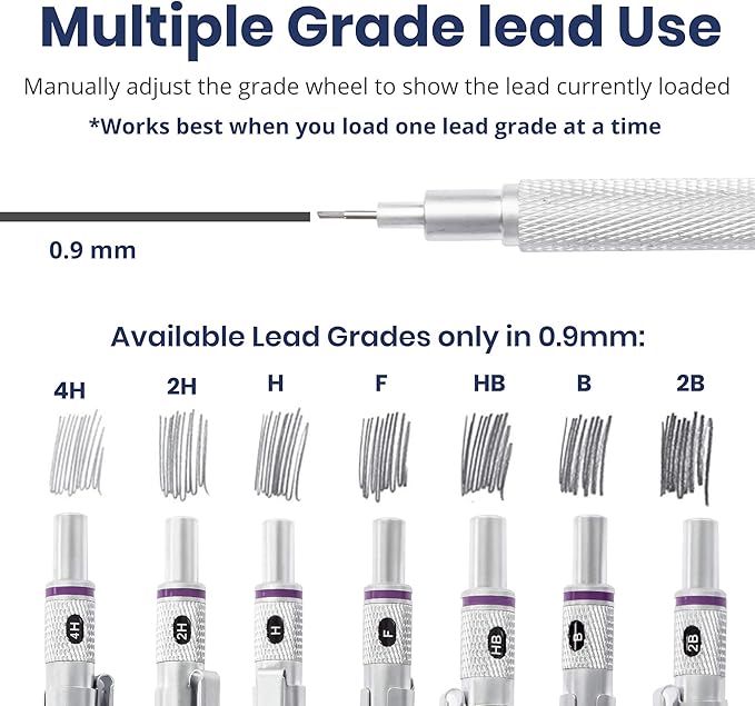 Pacific Arc Chromograph Metal Mechanical Pencil .9 mm Silver Barrel Mechanical Pencil with Built In Lead Pencil Grade Indicator, Lead Pencil Holder for Drafting, Sketching, and Drawing