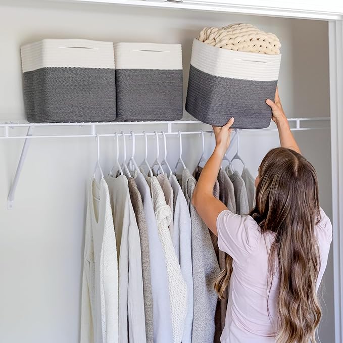 NaturalCozy Storage Cubes 11 Inch Cotton Rope Woven Baskets for Organizing, 3-Pack | Cube Storage Bin | Square Storage Baskets for Shelves Organizer, Classroom, Kids Toy Bins, Closet, Baby Nursery