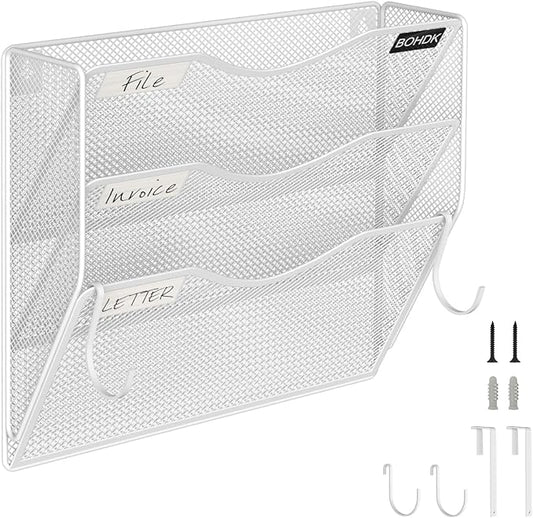 Wall File Organizer, 3 Tire Hanging File Folder Mail Organizer, Vertical Mesh Metal Door/Wall Mount Hanging File Organizer, Paper Document Magazine Rack with Hooks for Home Office White