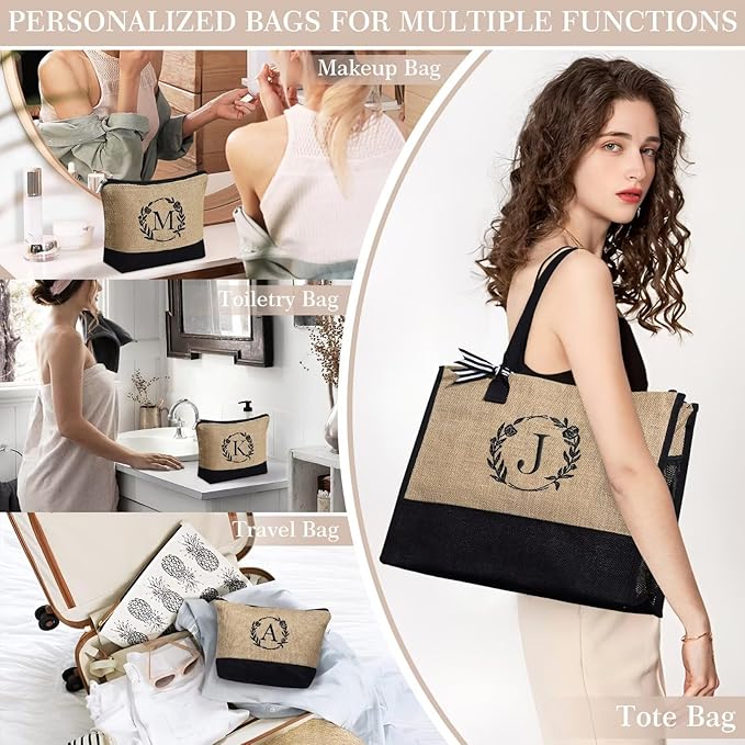 YOOLIFE Personalized Gifts for Women - Initial Jute Tote Bag & Makeup Bag, Birthday Gifts for Women Mom Wife Teacher Friend