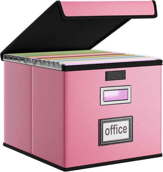 Huolewa File Organizer Box with Lid, Collapsible Leather File Folder Organizer for Office Document Storage, Filing Box with Plastic Slide for Letter/Legal Size Hanging Files, Pink