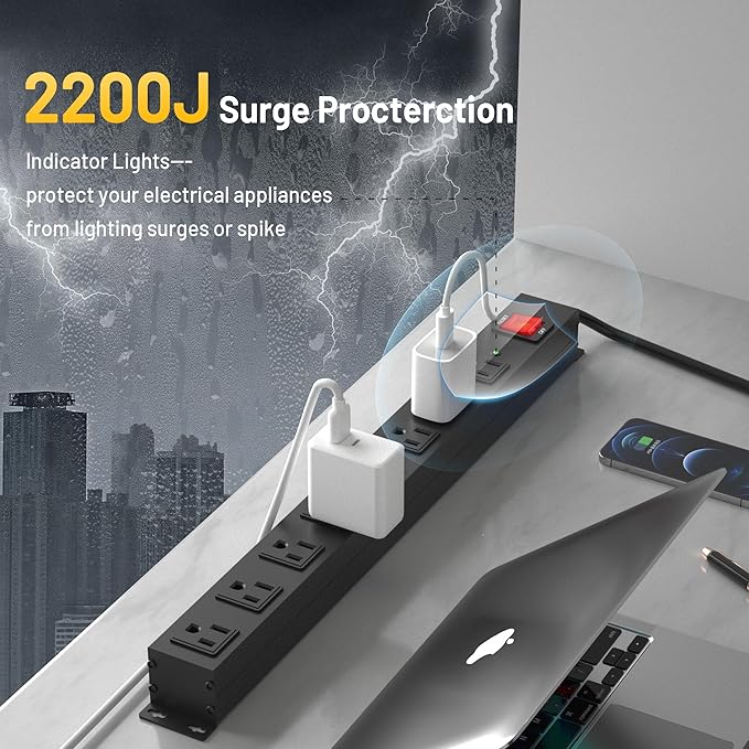 KF 8 Outlet Heavy Duty Power Strip Surge Protector, 2100J Surge Protection Black Power Strip, 15A/1875W Mountable Power Strips, 14AWG 6FT Extension Cord, Black(8FT-2100J)