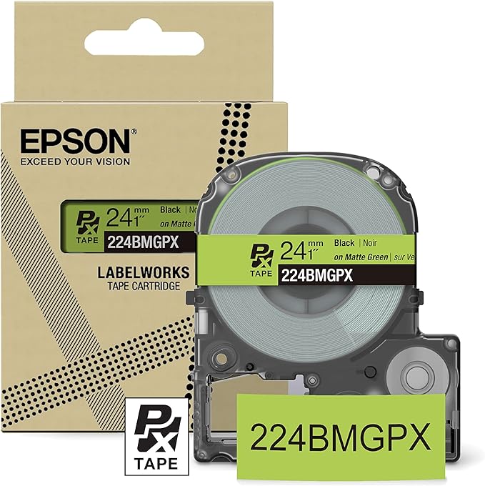 Epson LABELWORKS 224BMGPX Genuine PET (Polyester) Tape Cartridge - Black on Matte Green Designer Craft Label Maker Tape - 1" (24MM) Wide, 26'