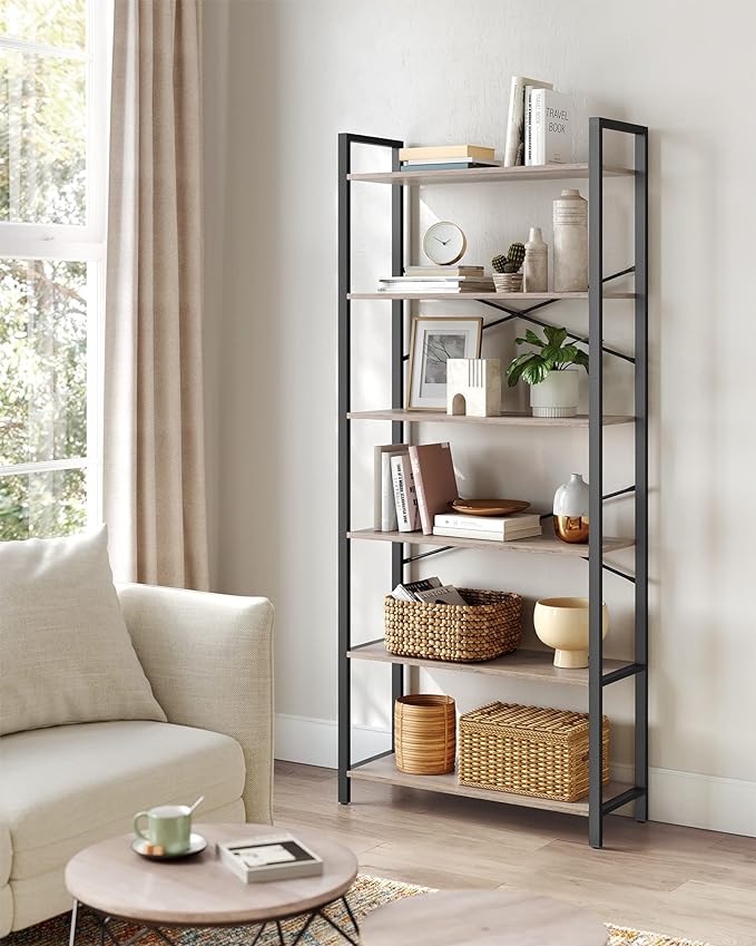 VASAGLE 6-Tier Bookshelf, Bookcase with Steel Frame, Book Shelf for Living Room, Home Office, Study, 11.8 x 31.5 x 73.2 Inches, Industrial Style, Heather Greige and Ink Black ULLS082B02