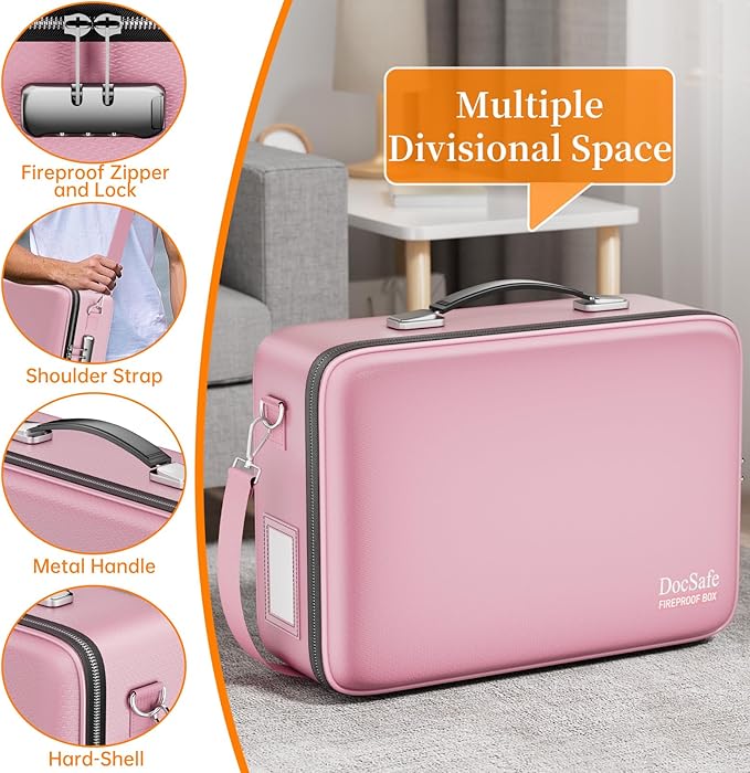 DocSafe Fireproof Document Box with Lock＆Shoulder Strap,Hard Case File Organizer with Accordion File Folder,Multi-Layer Portable Home Office Travel Safe Storage for Important Documents Laptop Pink