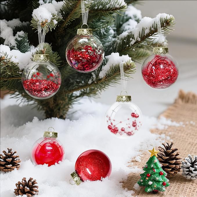 DeckTheHalls Christmas Ball Ornaments Set, 16-Piece Clear Plastic Decor for Crafts, Reusable DIY Festive Tree Decorations, Easy Hang Unbreakable Ornaments for Holiday, Party, Wedding (Red)