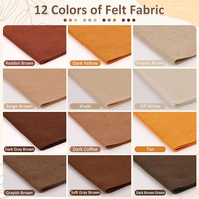 XSEINO 12 Rolls 8"x35"(20.5x90cm) 1.4mm Thick Soft Felt Fabric Sheet 12 Assorted Brown Series Colors Felt Pack for DIY Craft Sewing Squares Nonwoven Patchwork