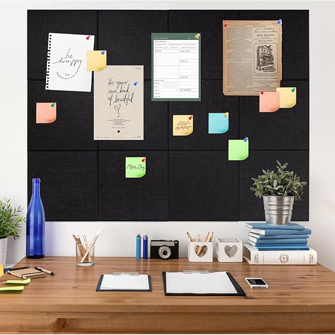 Large Cork Board Alternative, 12 Pack Felt Board with Safe Removable Adhesive Tabs Felt Wall Tiles, Large Cork Boards for Walls, Cork Board for Home Office, Pin Boards for Walls, Black