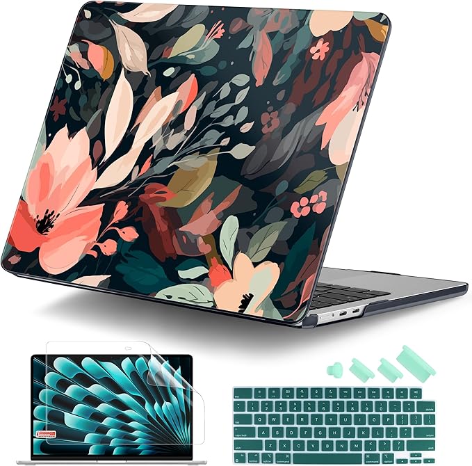 DONGKE Compatible with M4 MacBook Air 15 inch Case 2025 2024 2023 A3241 A3114 A2941 M3 M2 Liquid Retina Display Touch ID, Plastic Hard Case & Keyboard Skin & Screen Protector - Painted Florals