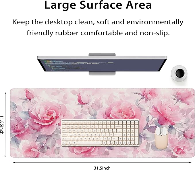 31.5”x11.8”Large Gaming Mouse Pad for Desk, Mouse Mat with Seamed Edges, Waterproof Desk Pad, Non-Slip Rubber Base, Keyboard Pad Computer Mat, Big XL Mousepad-Pink Roses Watercolor