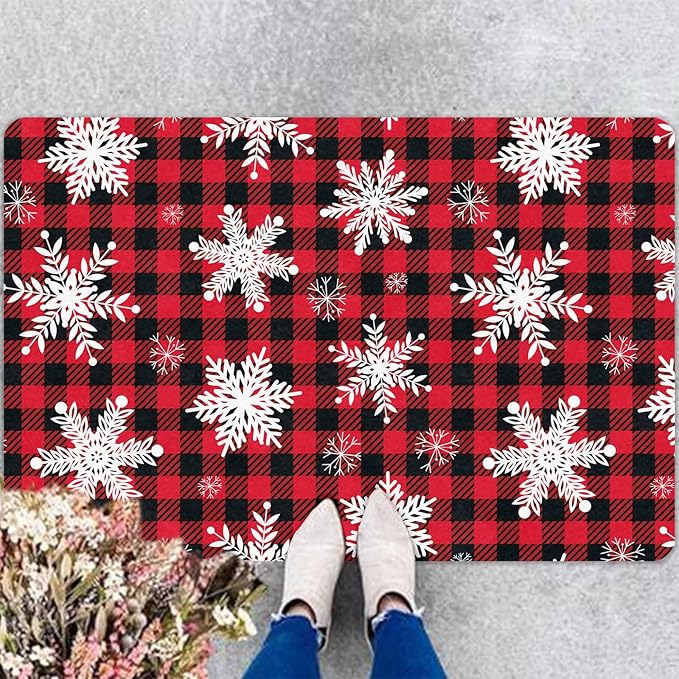Merry Christmas Snowflakes Red Plaid Door Mat, Christmas Buffalo Plaid Doormat with Non-Slip Backing Front Porch Rug Welcome Mats for Home Indoor Outdoor, 16" x 24" Inch