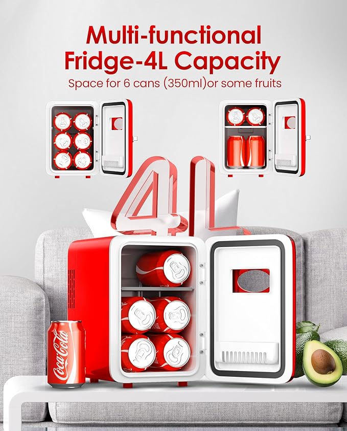 Skincare Fridge - 4L Mini Fridge for Bedroom, Office and Car, for Refrigerating Makeup, Skincare and Food, Cooler and Warmer, Beverage Cooler, Red