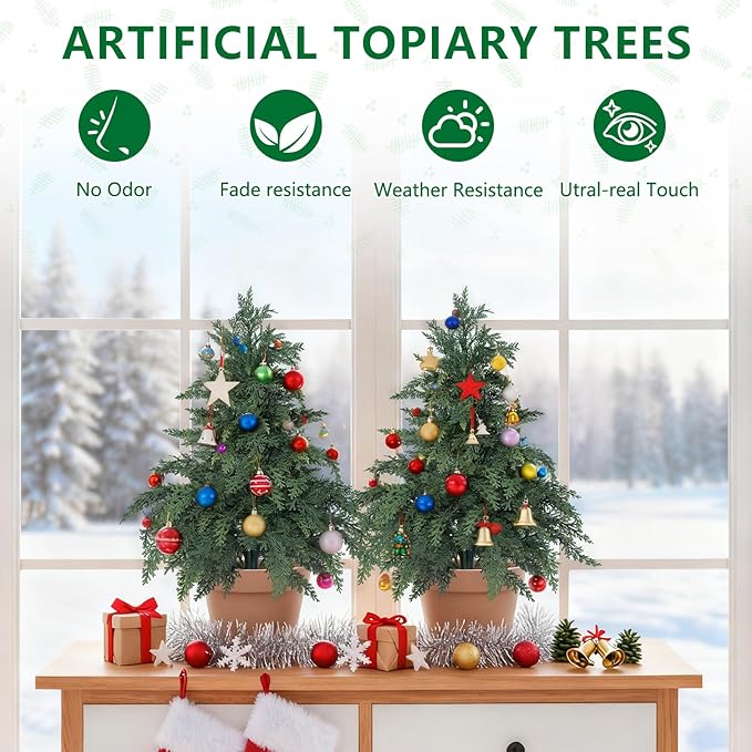 Artificial 26" Cypress Topiary Cedar Trees with Ground Spike, 2 Pieces Fake Pine Shrubs Bushes, UV Resistant Faux Evergreen Tree Plants for Indoor Outdoor Planters Front Porch Christmas