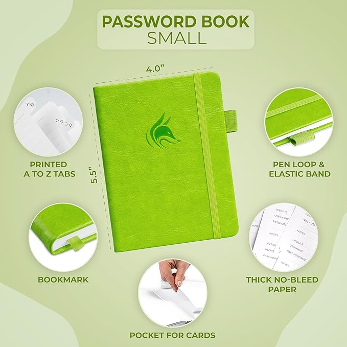 Clever Fox Password Book with alphabetical tabs. Internet Address Organizer Logbook. Small Pocket Password Keeper for Website Logins (Green)