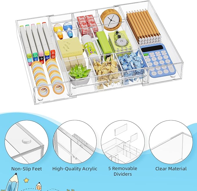Marbrasse Acrylic Expandable Drawer Organizer, Clear Desk Drawer Organizer Tray with 5 Dividers, Desk Organizers and Accessories, 10 Adjustable Compartments for Office Supplies, Makeup & Vanity