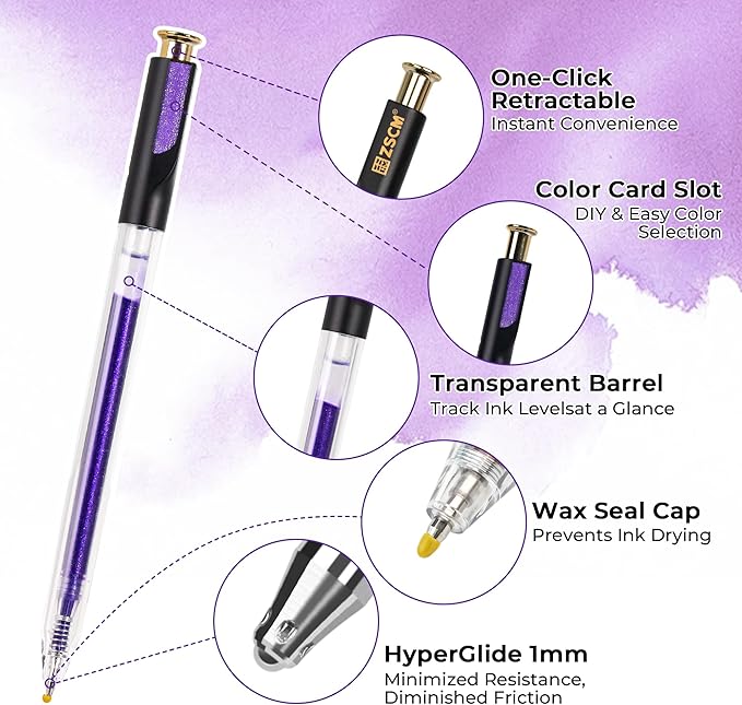 Retractable Glitter Gel Pens, 12 Colors Large Capacity Purple Glitter Metallic Gel Ink Pens, 1 mm Fine Point Smooth Writing Color Pens for Adult Coloring Book Note Taking Aesthetic Art Supplies