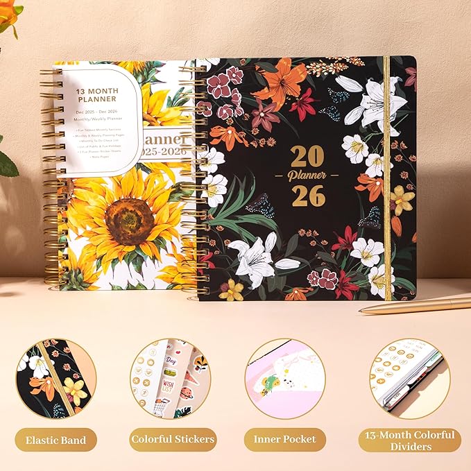 CAGIE 2026 Planner Weekly and Monthly from Dec 2025 to Dec 2026 Hardcover Spiral Bound Calendar Yearly Agenda Planners for Women with Stickers, 8.3 x 9.1, Black Floral