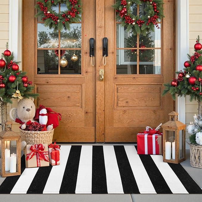 Collive Christmas Black and White Outdoor Striped Rug 24"x 51", Cotton Woven Front Porch Rug Decor, Washable Farmhouse Layered Welcome Mat Outdoor for Kitchen Entryway Entrance