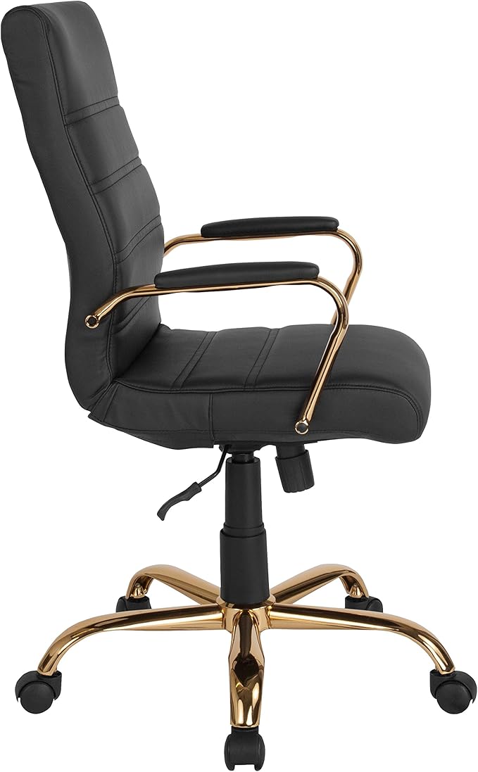 Flash Furniture Whitney High-Back Swivel LeatherSoft Desk Chair with Padded Seat and Armrests, Adjustable Height Padded Office Chair, Black/Gold