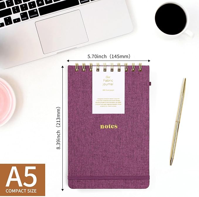A5 Top Spiral Notebook – Hardcover Journal 160 Pages 100 GSM Thick Paper With Elastic Band & Pen Holder Steno Pads College Ruled Writing Notebooks for Work School Travel purplish-red